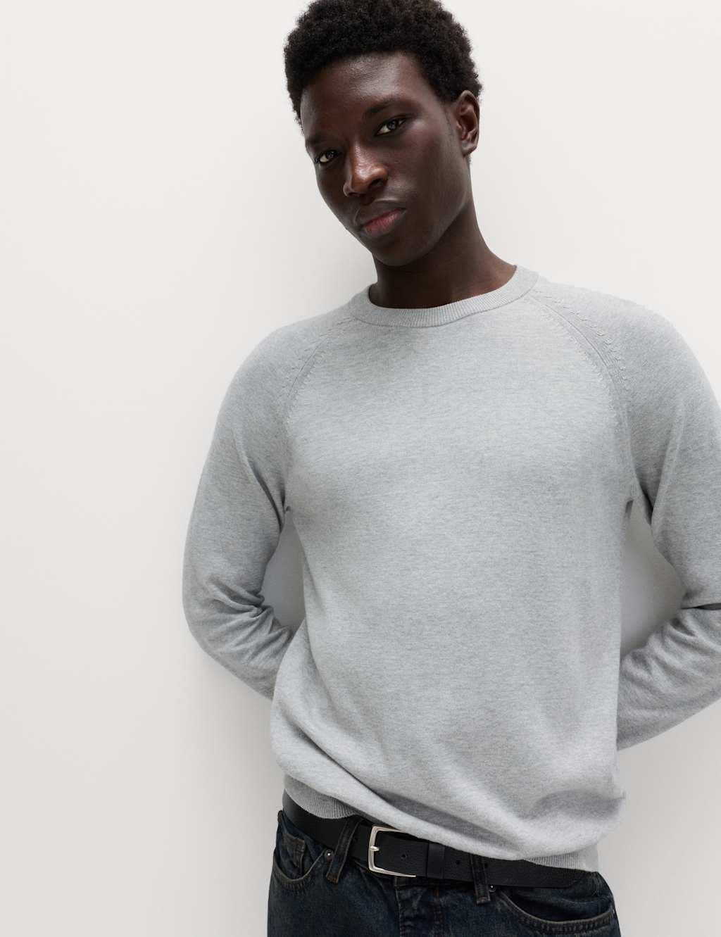 Marks & Spencer M&S Pure Cotton Crew Neck Jumper Mid Grey