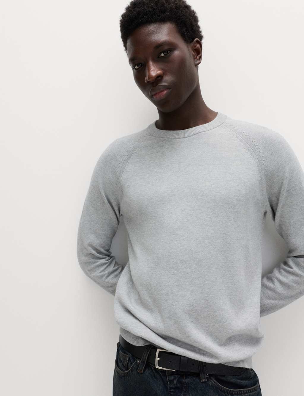 Marks & Spencer M&S Pure Cotton Crew Neck Jumper Mid Grey - 1
