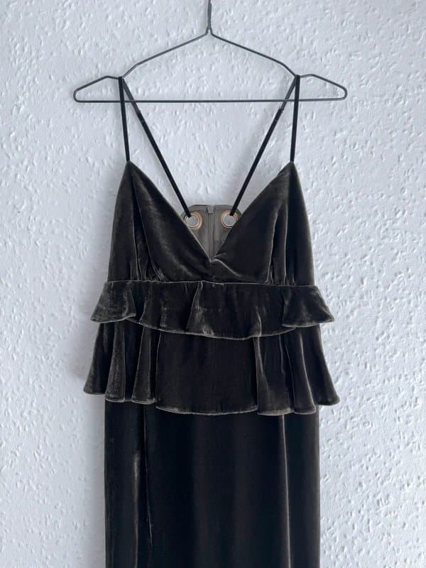 Mother of Pearl Mother Of Pearl Janette Ruffled Velvet Khaki Midi Dress - si1ze 10 uk (RRP£600)
