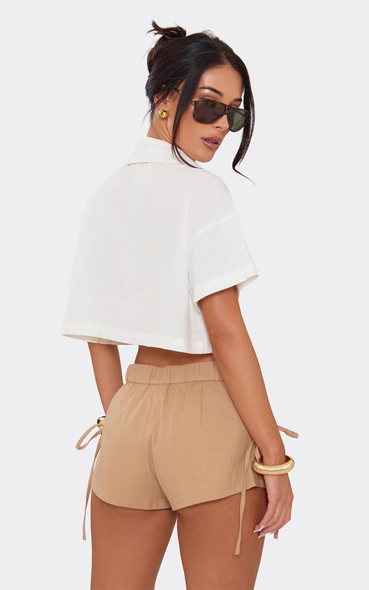 EGO Mid Rise Ruched Pocket Shorts In Tan Woven, Women's Size UK 6