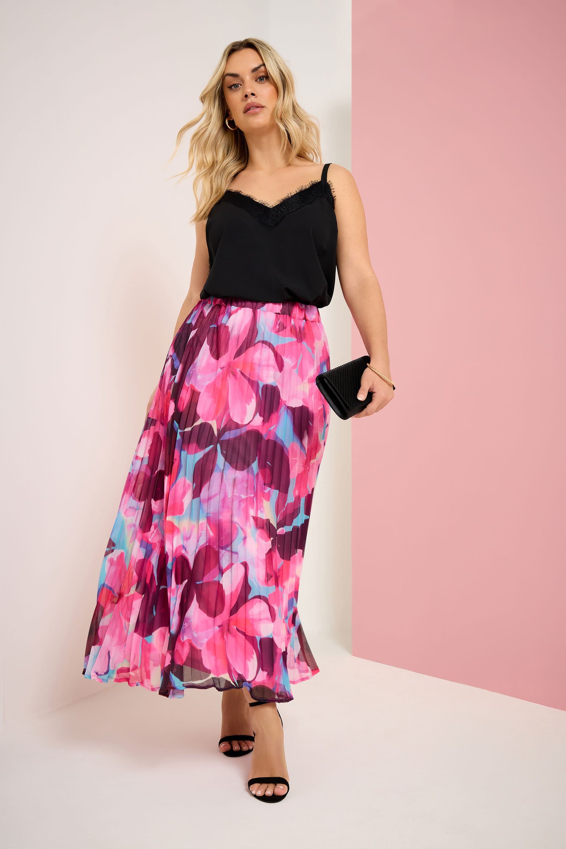 Yours Plus Size Pink Pleated Floral Skirt