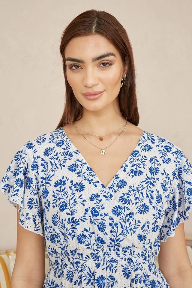 Yumi Yumi Women's Blue Floral Printed Broderie Anglaise Ruched Waist Midi Dress - 3