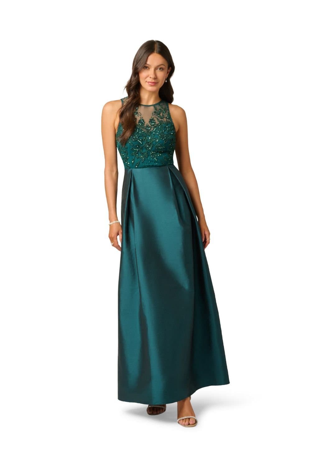 Papell Studio Papell Studio Women's Bead Combo Taffeta Long Dress in Dark Green
