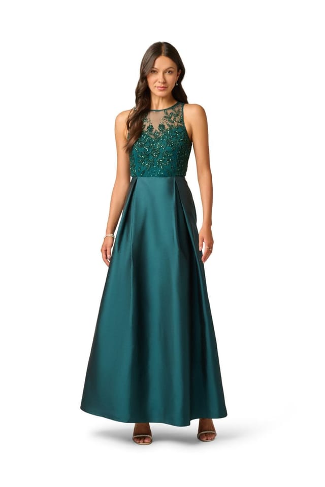 Papell Studio Papell Studio Women's Bead Combo Taffeta Long Dress in Dark Green - 2