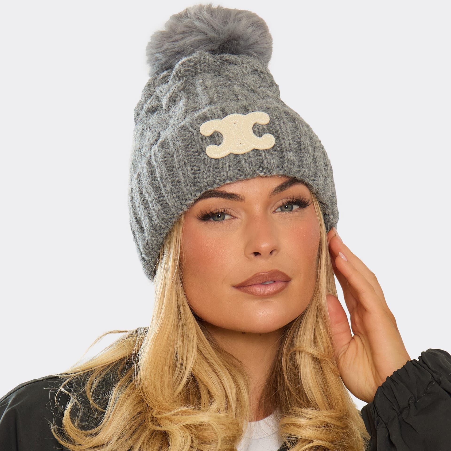EGO Logo Detail Pom Pom Beanie Hat In Grey Cable Knit, Women's Size UK 0