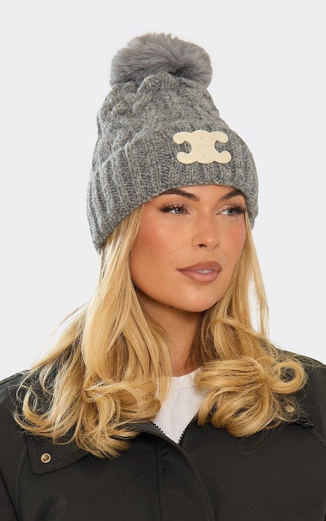 EGO Logo Detail Pom Pom Beanie Hat In Grey Cable Knit, Women's Size UK 0 - 2