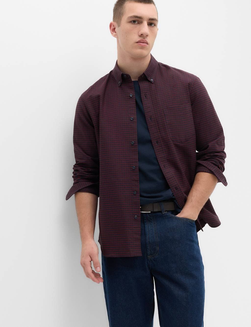 Marks & Spencer M&S Ultimate Pure Cotton Check Oxford Shirt Wine Mix