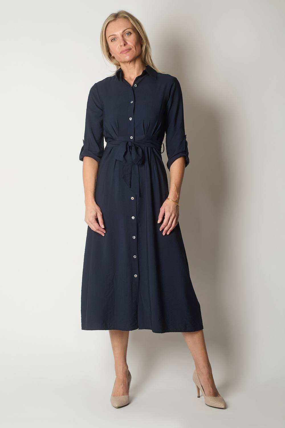SOLO SOLO Women's Button-Down Shirt Dress with Waist Tie in Navy - 3