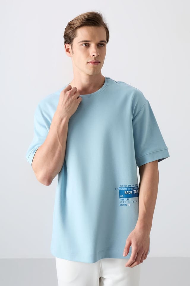 Tommy Life Tommy Life Men's Oversized Cotton-Blend Crew Neck T-Shirt in Baby Blue - 2