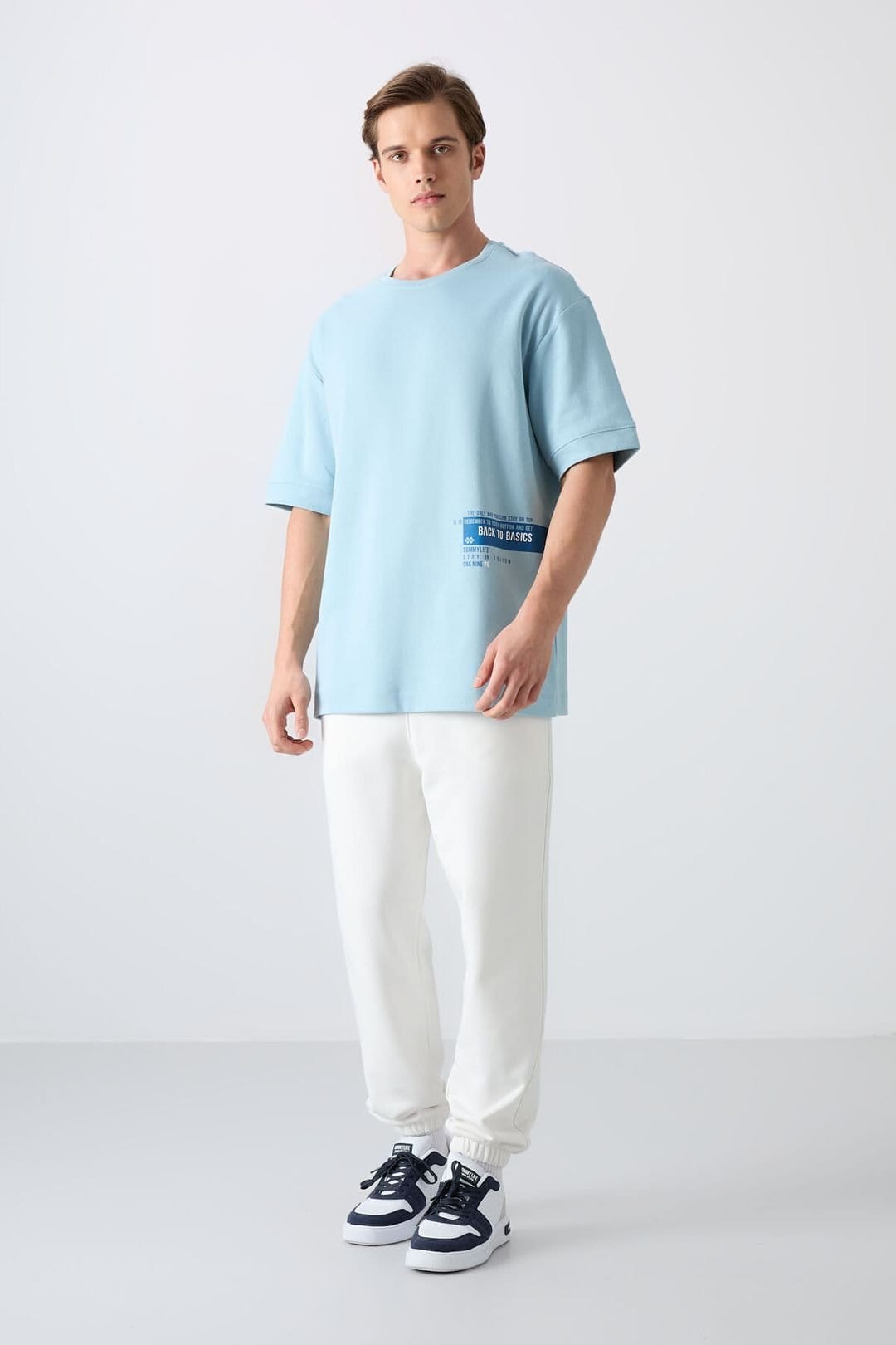 Tommy Life Tommy Life Men's Oversized Cotton-Blend Crew Neck T-Shirt in Baby Blue - 4