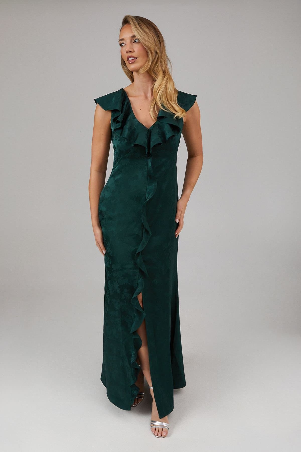 Oasis Oasis Women's Satin Jacquard Ruffle V Neck Bridesmaid Dress in Emerald