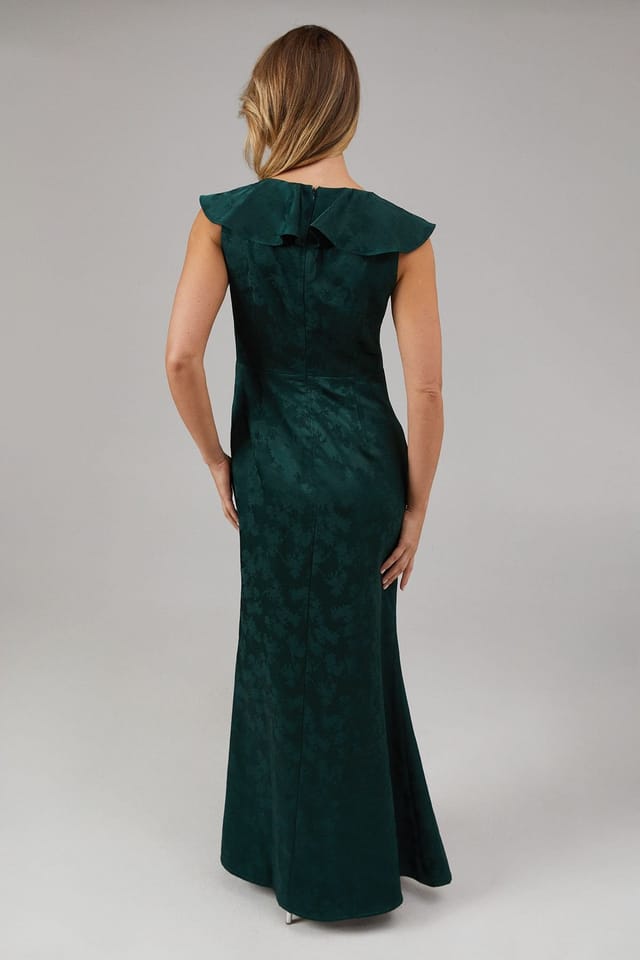 Oasis Oasis Women's Satin Jacquard Ruffle V Neck Bridesmaid Dress in Emerald - 3