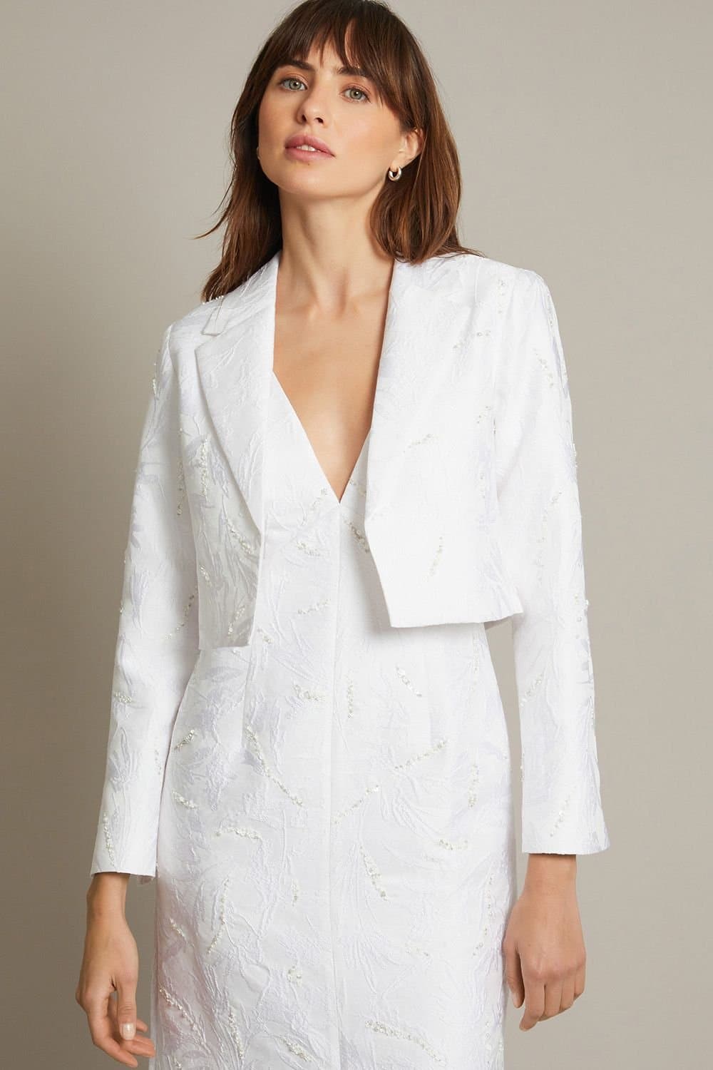 Monsoon Monsoon Women's Faye Hand-Beaded Jacquard Cropped Bridal Jacket Blue in Ivory