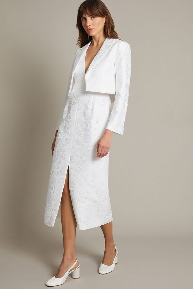 Monsoon Monsoon Women's Faye Hand-Beaded Jacquard Cropped Bridal Jacket Blue in Ivory - 2