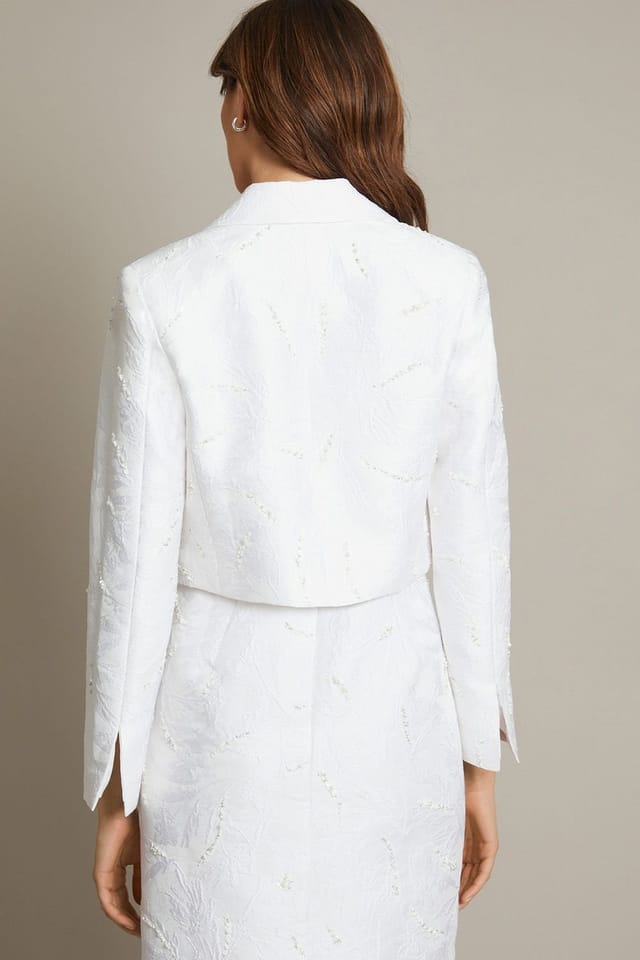 Monsoon Monsoon Women's Faye Hand-Beaded Jacquard Cropped Bridal Jacket Blue in Ivory - 3