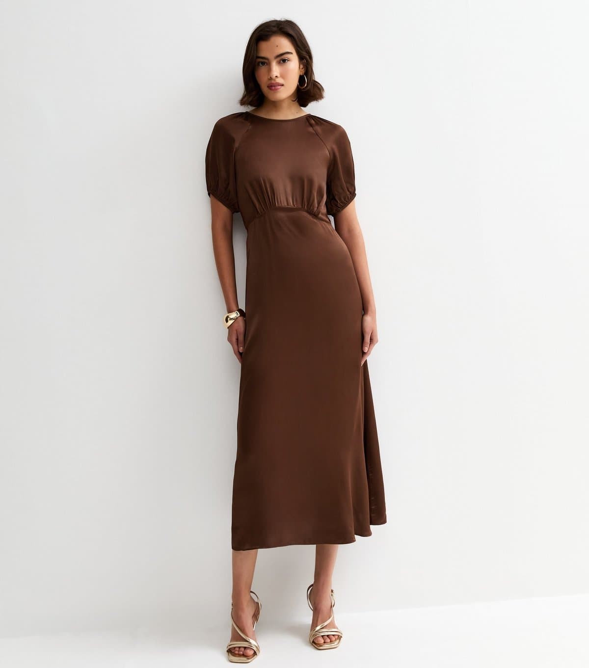New Look Women's Dark Brown Satin Puff Sleeve Midi Dress New Look