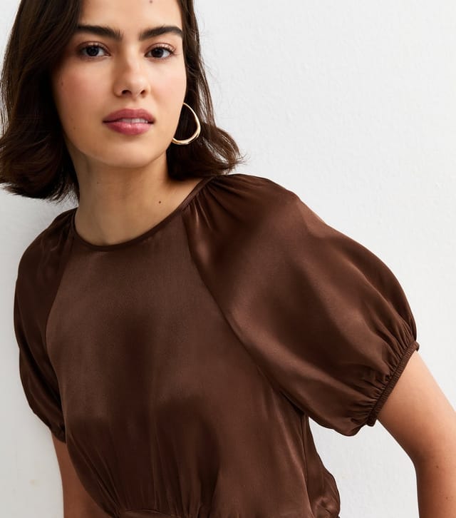 New Look Women's Dark Brown Satin Puff Sleeve Midi Dress New Look - 2