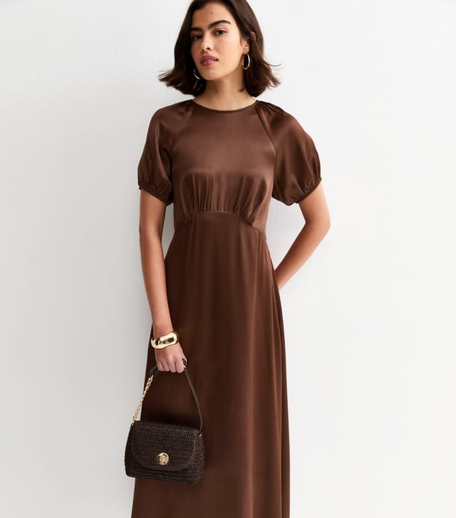 New Look Women's Dark Brown Satin Puff Sleeve Midi Dress New Look - 3