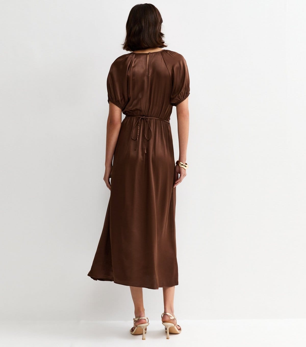 New Look Women's Dark Brown Satin Puff Sleeve Midi Dress New Look - 4