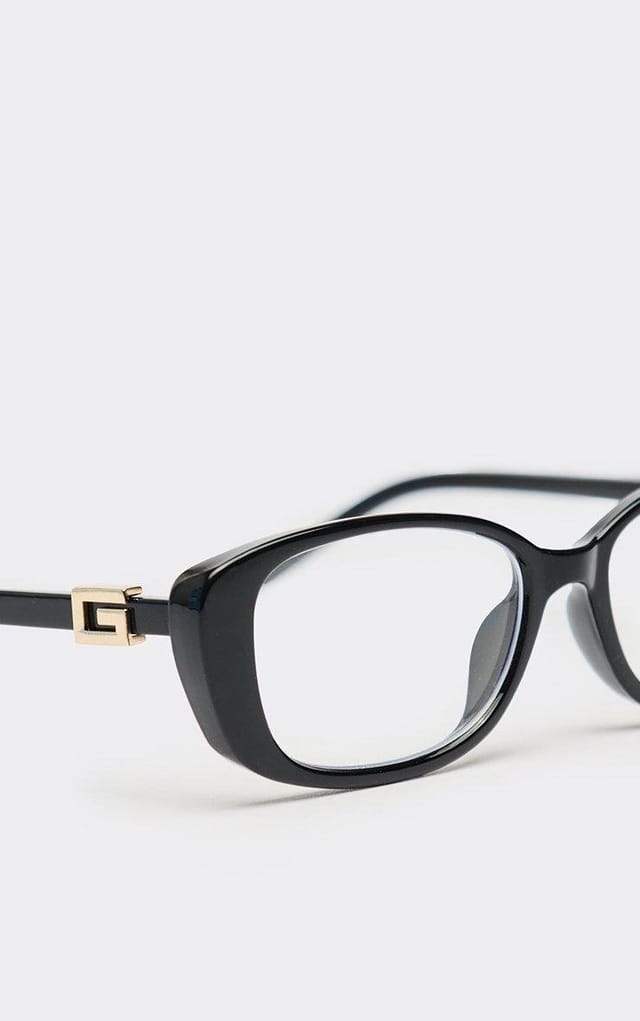 EGO Side Gold Logo Detail Thin Framed Cateye Shaped Clear Tinted Lense Sunglasses In Black, Women's Size UK 0 - 2