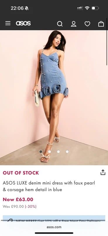 ASOS ASOS luxe denim mini dress with faux pearl and corsage hem detail