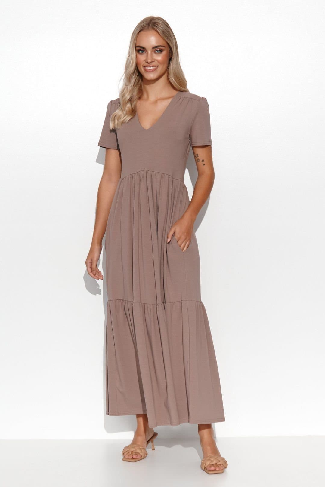 Love Lace Love Lace Women's Feminine Maxi Knit Dress With Ruffles V Neck in Brown