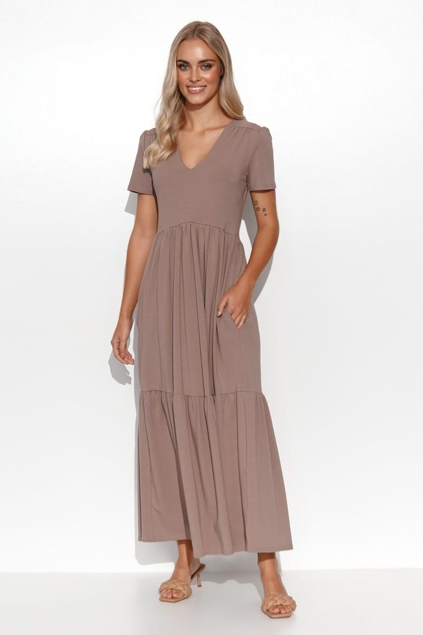 Love Lace Love Lace Women's Feminine Maxi Knit Dress With Ruffles V Neck in Brown - 1
