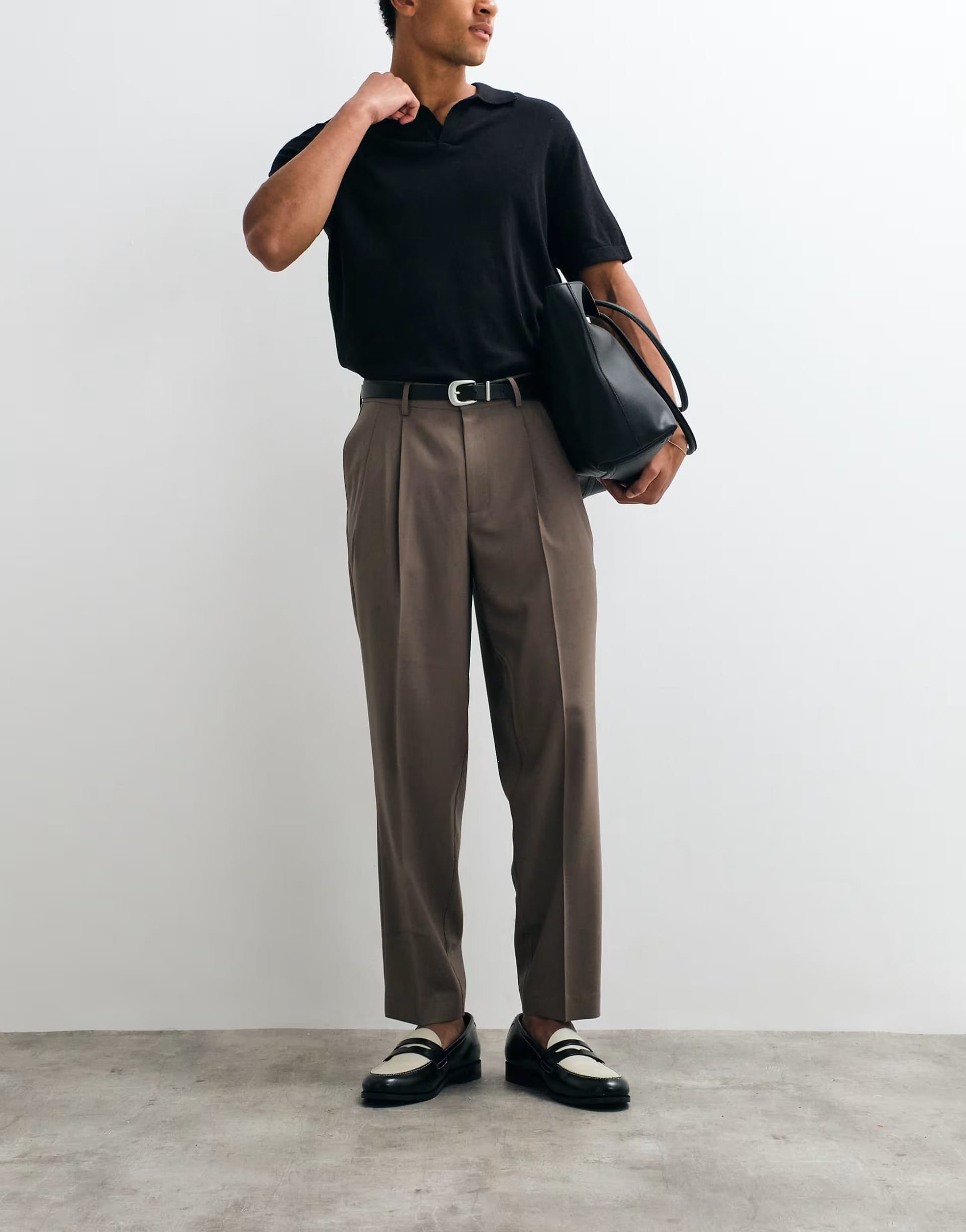 ASOS Brown Wool Oversized Tapered Pleated Trousers