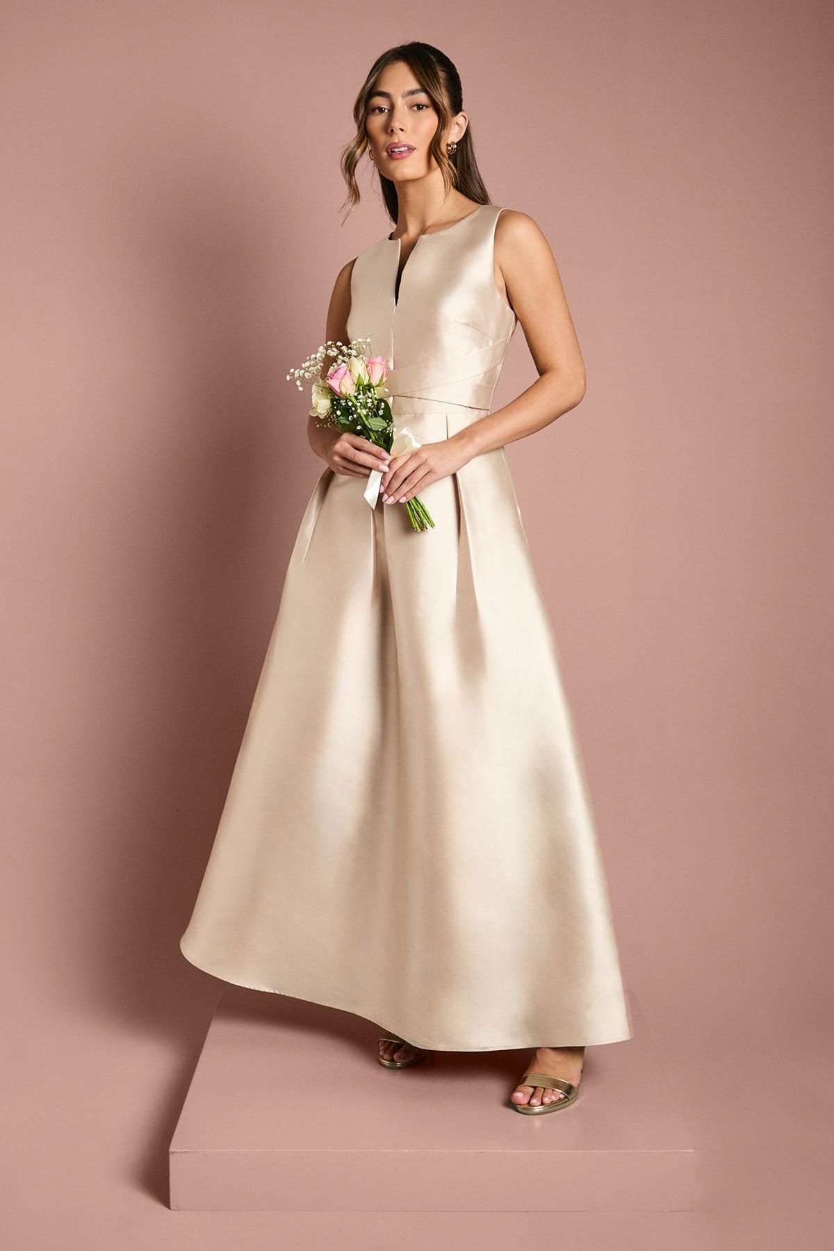 Coast Coast Women's Twill Notch Neck Neck Fit & Flare Bridesmaid Dress in Champagne - 1