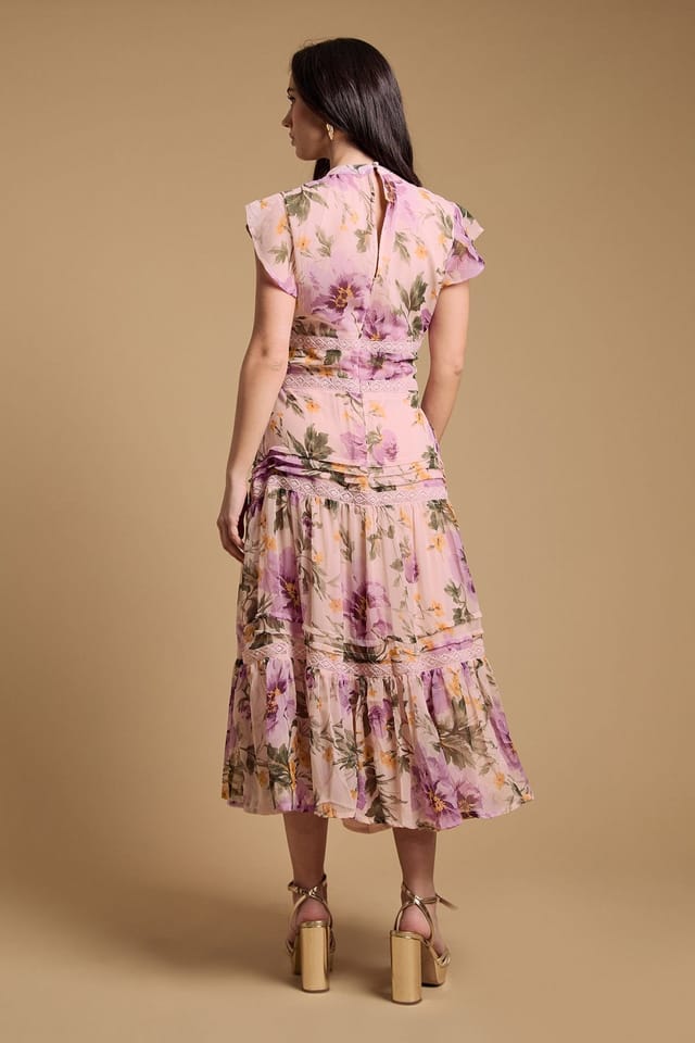 Oasis Oasis Women's Floral Printed Chiffon Lace Insert Dress in Green - 3