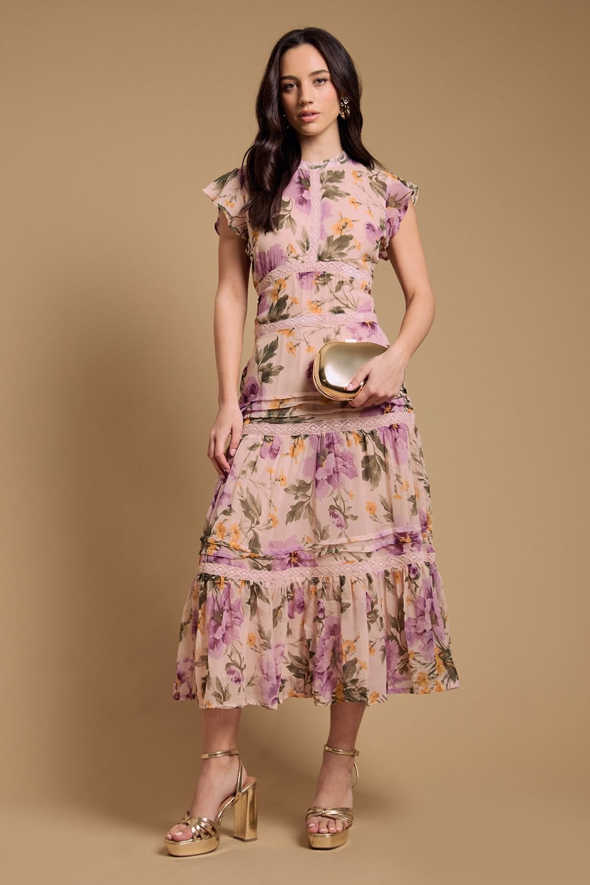 Oasis Oasis Women's Floral Printed Chiffon Lace Insert Dress in Green - 4