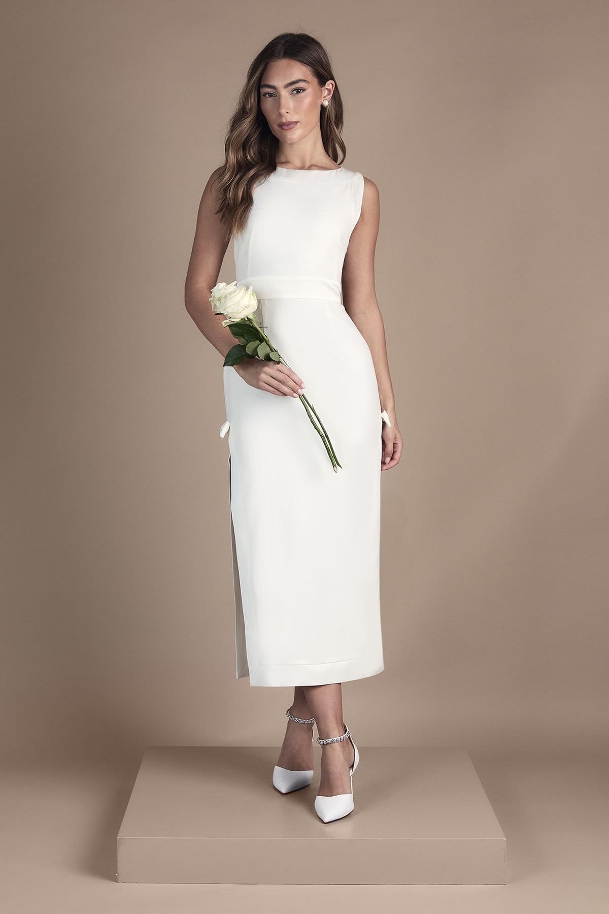 Coast Ivory Slash Neck Midi Wedding Dress