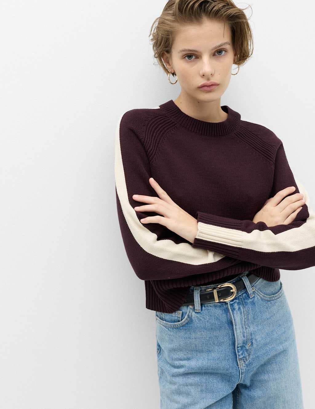 Marks & Spencer M&S Cotton Rich Striped Crew Neck Jumper Dark Aubergine