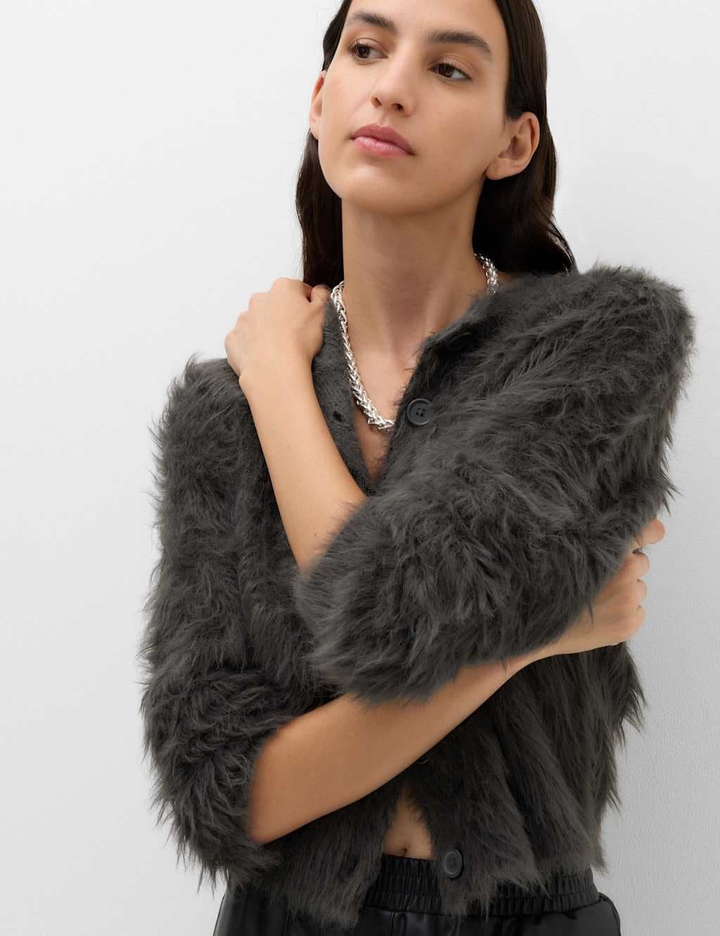 Marks & Spencer M&S Textured Button Front Slim Cropped Cardigan Charcoal