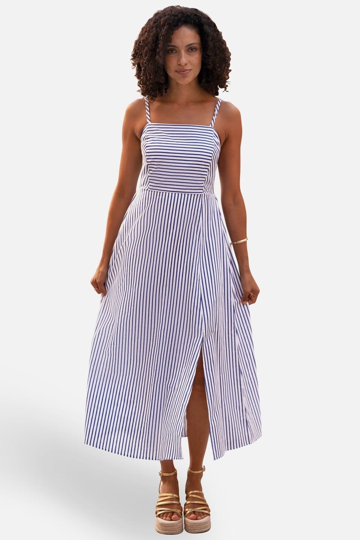 Yumi Yumi Women's Blue Stripe Cotton Sun Dress With Ruched Back in Dark Navy