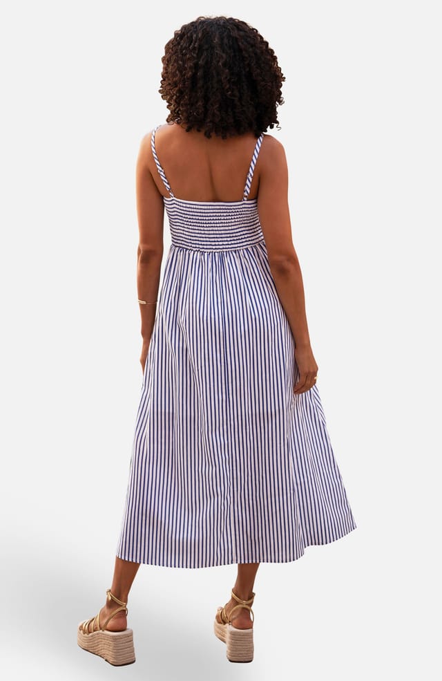 Yumi Yumi Women's Blue Stripe Cotton Sun Dress With Ruched Back in Dark Navy - 2