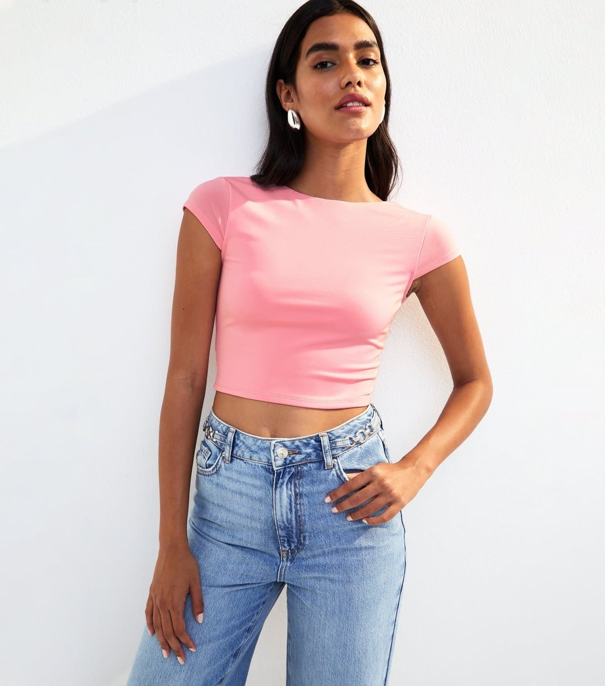 New Look Women's Light Pink Scoop Back Jersey Cropped T-Shirt New Look
