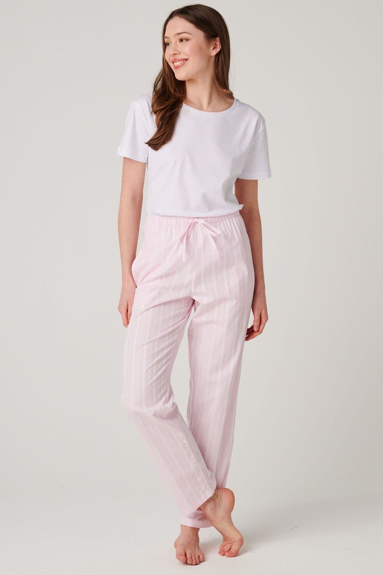 British Boxers British Boxers Women's "Shell Pink Satin Stripe" Crisp Cotton Pyjama Trousers in Baby Pink