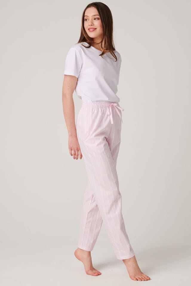 British Boxers British Boxers Women's "Shell Pink Satin Stripe" Crisp Cotton Pyjama Trousers in Baby Pink - 2