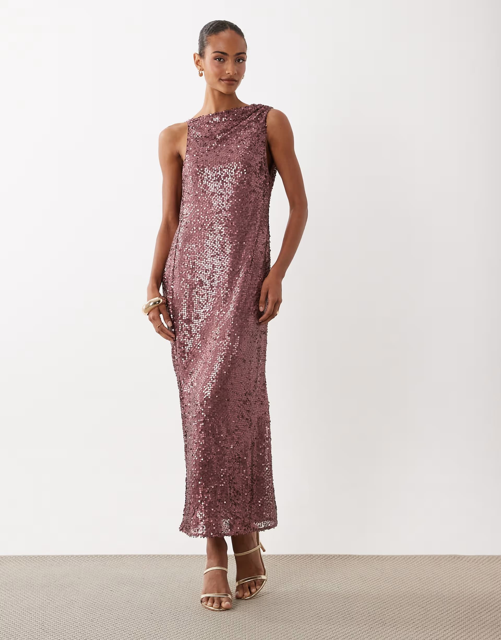 ASOS ASOS DESIGN sequin asymmetric strap maxi dress with cowl open back detail in matte mauve
