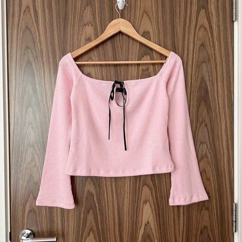 ASOS ASOS Baby Pink Soft Cosy Knitted Ribbed Tie Front Bardot Off Shoulder Crop Top M
