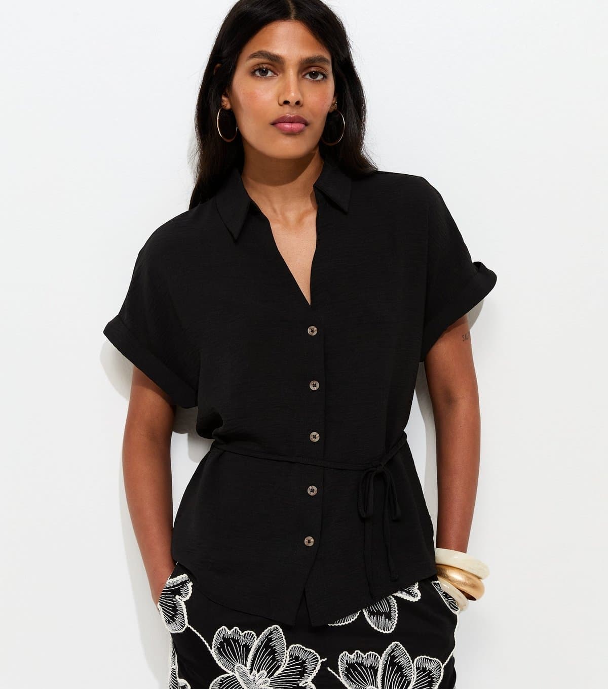 New Look Women's Black Belted Short Sleeve Shirt New Look
