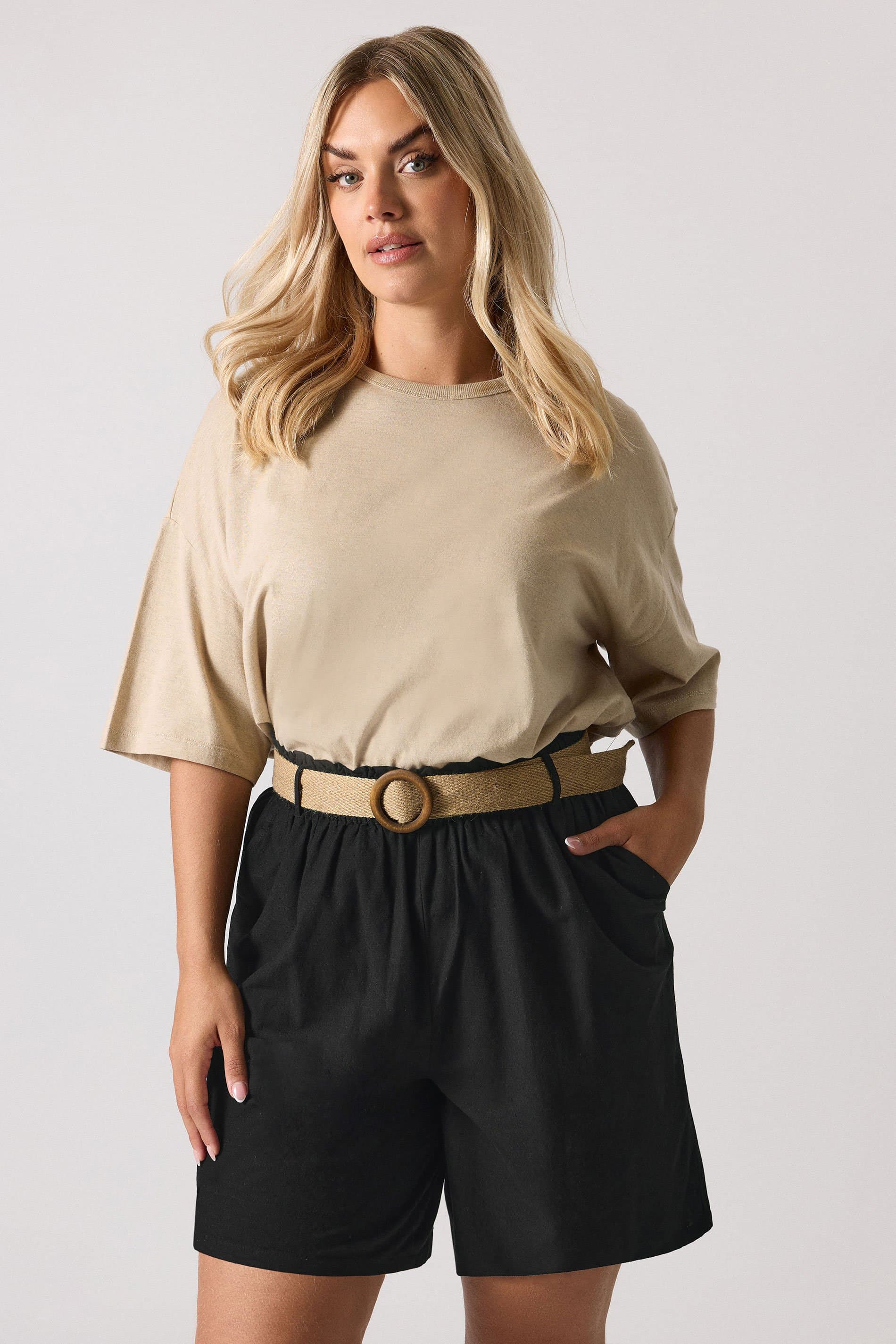 Yours Plus Size Black Belted Linen Shorts