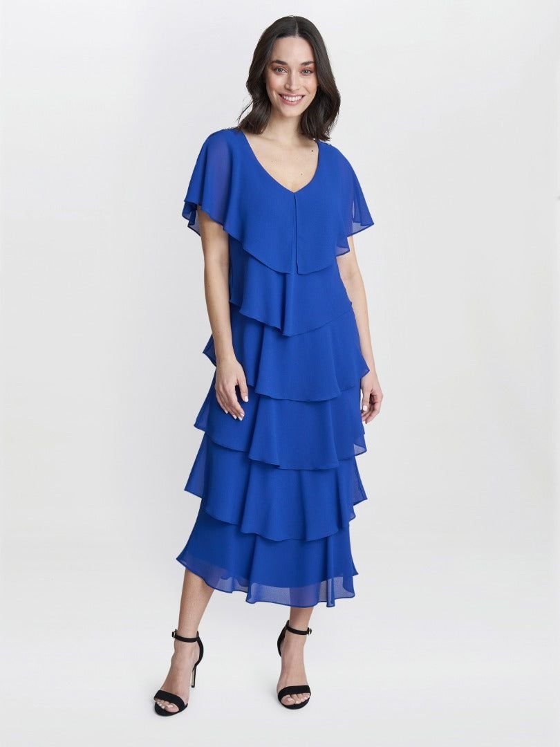Gina Bacconi Gina Bacconi Women's Rebecca Midi Tiered Dress With Shoulder Trim in Cobalt - 3