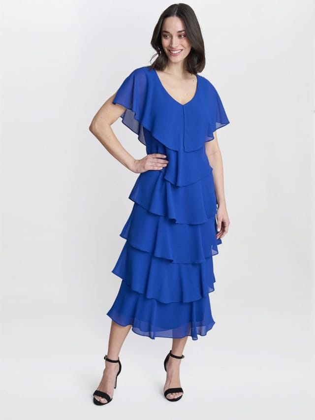 Gina Bacconi Gina Bacconi Women's Rebecca Midi Tiered Dress With Shoulder Trim in Cobalt - 3