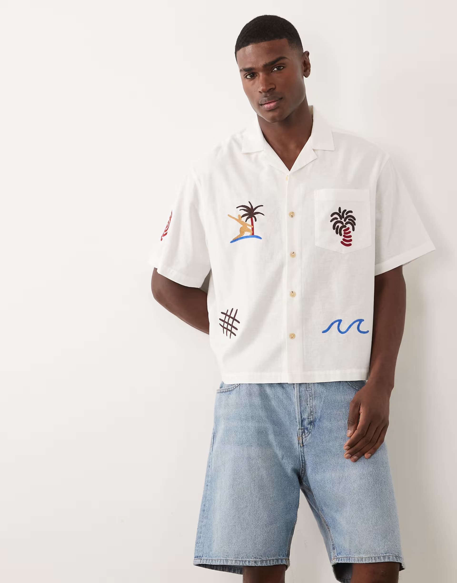 ASOS ASOS DESIGN oversized revere embroidered shirt with linen in cream