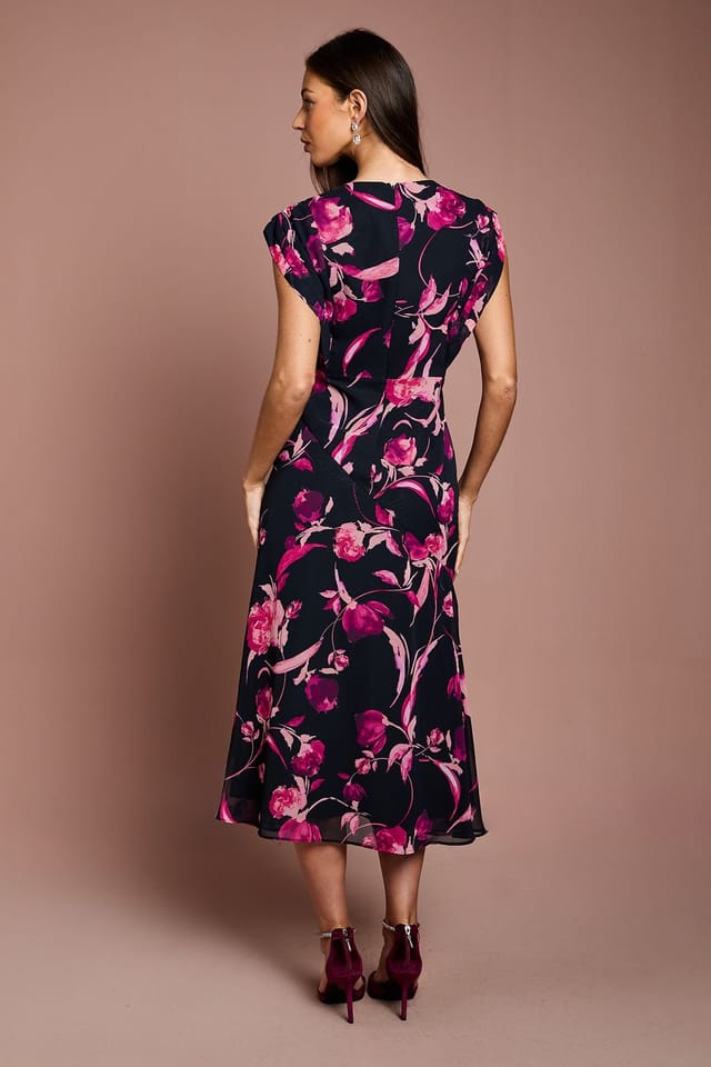 Coast Coast Women's Cap Sleeve Floral Chiffon Midi Dress in Navy - 3