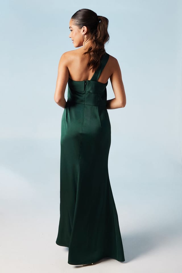Coast Coast Women's Asymmetric Neckline Satin Bridesmaid Maxi Dress in Emerald - 3