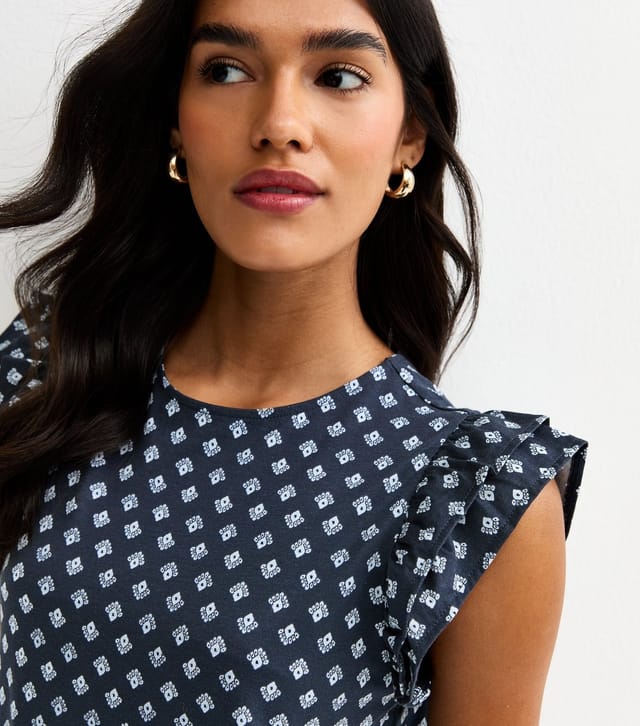 New Look Women's Blue Cotton Frilly Cap Sleeve Top New Look - 2