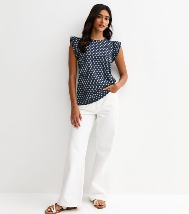 New Look Women's Blue Cotton Frilly Cap Sleeve Top New Look - 3